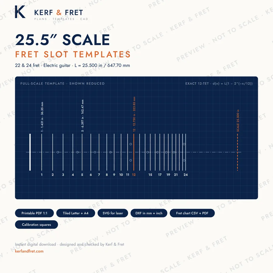 25.5 inch scale fret slot template preview